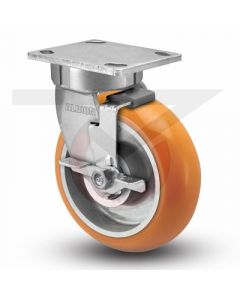 Kingpinless Swivel Brake Caster - 4" x 2" Rounded Orange Polyurethane on Aluminum