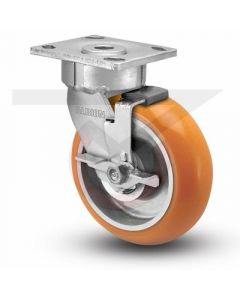 Ergonomic Swivel Brake Caster - 5" x 2" Rounded Orange Polyurethane on Aluminum